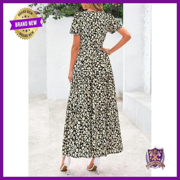 Boho Maxi Dress with Pockets, V-Neck, Tiered Flowy Summer Beach Dress - Picture 3 of 8